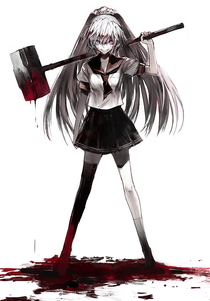 1girl, akuma_no_riddle, banba_shin'ya, black_legwear, blood, blood_on_face, bloody_weapon, crazy_smile