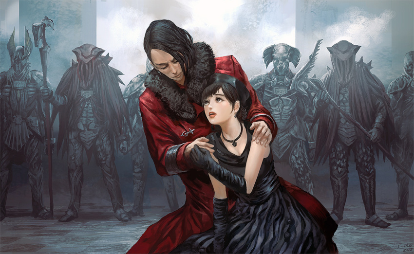 1boy, 1girl, beret, black_hair, elbow_gloves, female, gloves, hat