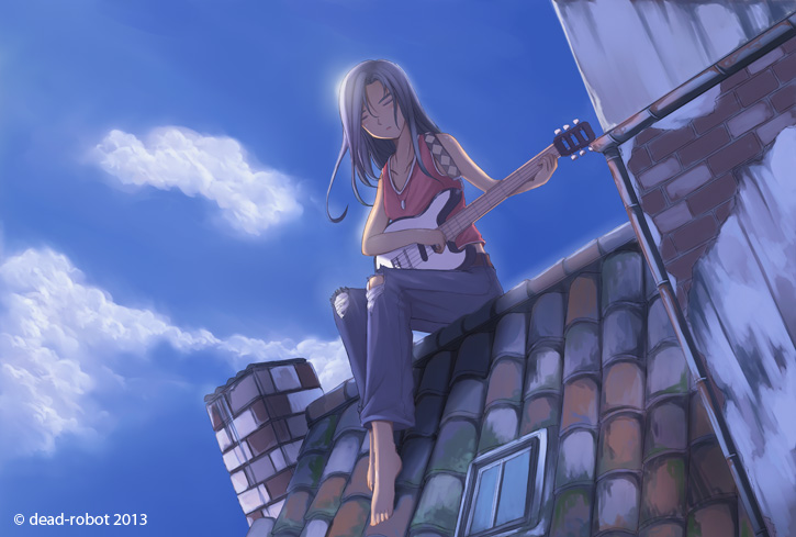 1girl, barefoot, black_hair, blush, chimney, closed_eyes, dead-robot, denim