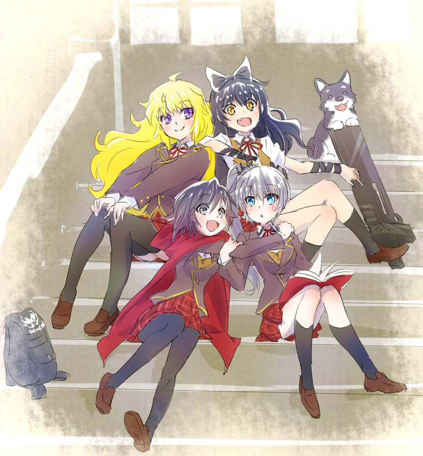 4girls, black_hair, blake_belladonna, blonde_hair, blue_eyes, blush, bow, cape, gakkou_gurashi!, hair_bow, hair_ornament, hairclip, highres, long_hair, multiple_girls, open_mouth, parody, ponytail, red_cape, ruby_rose, rwby, school_uniform, short_hair, skirt, smile, violet_eyes, weiss_schnee, white_hair, yang_xiao_long, yellow_eyes, zwei_(rwby)