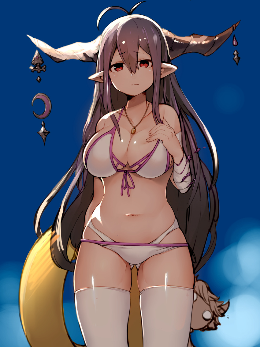 1girl, absurdres, ahoge, antenna_hair, arm_behind_back, ass_visible_through_thighs, bandaged_arm, bandages, bangs, bare_shoulders, bikini, blue_sky, breasts, cleavage, collarbone, cowboy_shot, crescent, danua, doll, front-tie_bikini, front-tie_top, granblue_fantasy, hair_between_eyes, hand_on_own_chest, hansel_(granblue_fantasy), highres, horn_ornament, horns, innertube, jewelry, katsudansou, large_breasts, light_frown, long_hair, navel, necklace, o_o, pointy_ears, purple_hair, red_eyes, side-tie_bikini, sky, solo, swimsuit, thigh-highs, very_long_hair, white_bikini, white_legwear, white_swimsuit