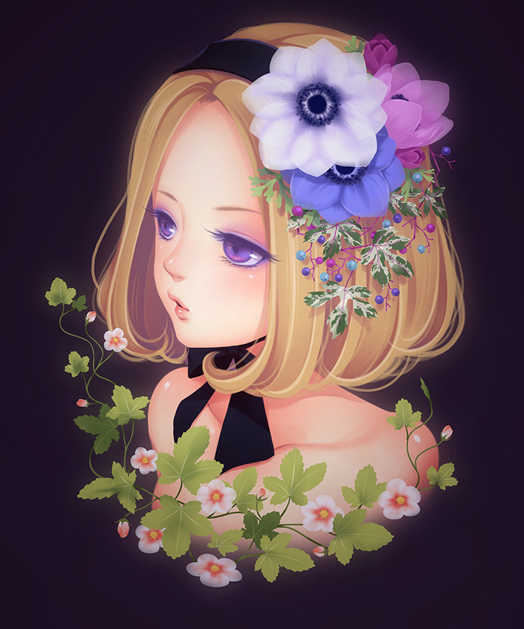 1girl, anemone, aoi_itou, blonde_hair, collarbone, flower, hair_flower, hair_ornament