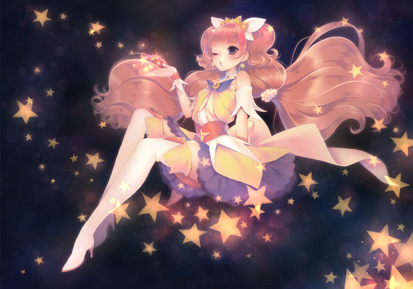 1girl, amanogawa_kirara, aoi_itou, boots, brown_hair, cure_twinkle, earrings, gloves
