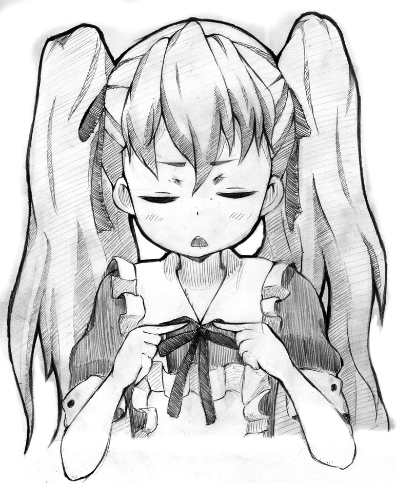 aisaka_taiga, alternate_hairstyle, bad_id, closed_eyes, ke-ke, maid, monochrome, pointing
