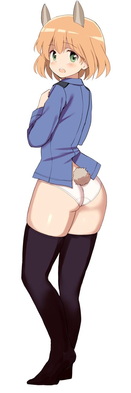 1girl, :o, amelie_planchard, animal_ears, ass, bangs, black_legwear, blush