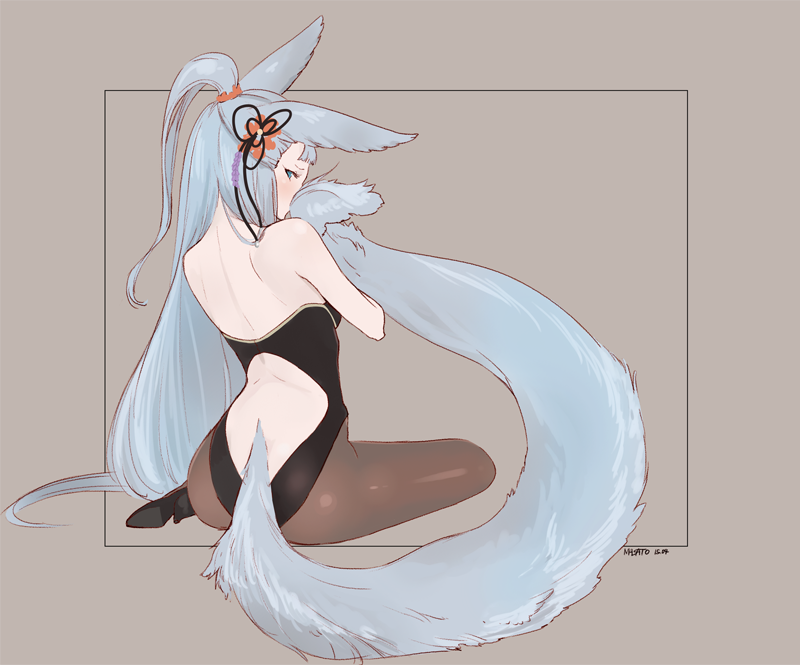 1girl, animal_ears, artist_name, ass, back, black_legwear, blue_eyes, bunnysuit