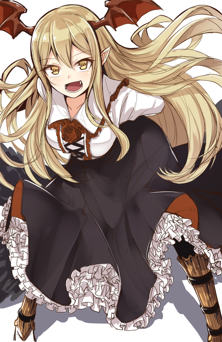 1girl, :d, arms_behind_back, bangs, bat_wings, blonde_hair, boots, fang