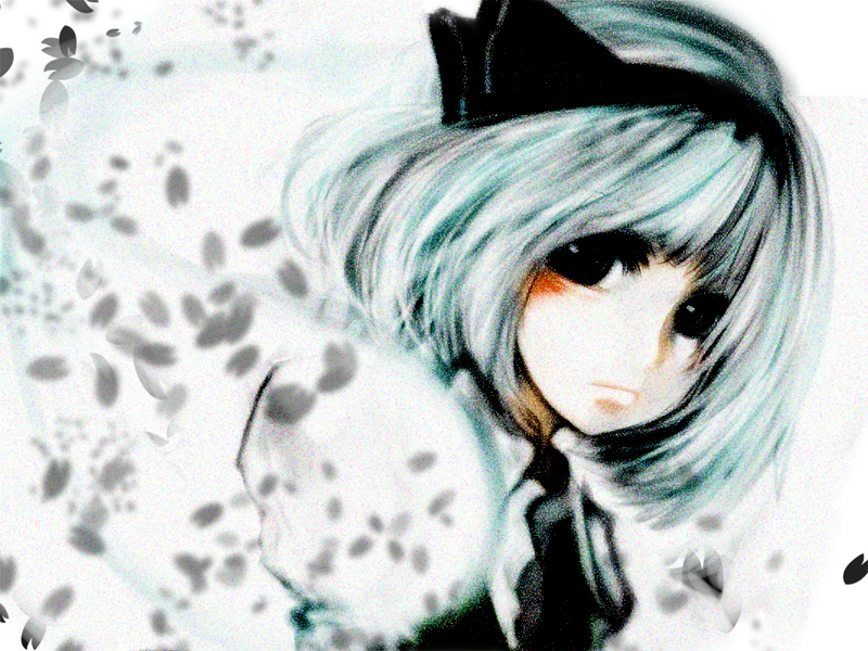 black_eyes, blue_hair, bow, faux_traditional_media, hair_bow, hie_(tom), hitodama, konpaku_youmu