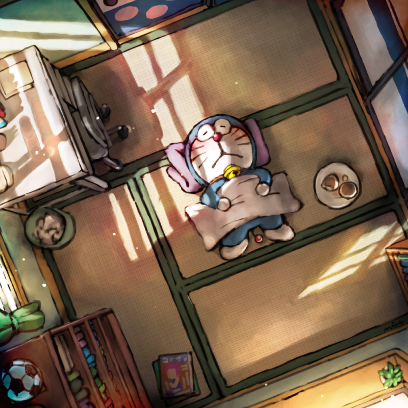 chair, closed_eyes, desk, doraemon, doraemon_(character), dorayaki, food, ichinoniwa