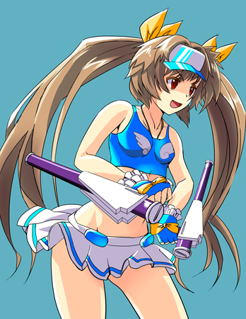 bare_shoulders, breasts, brown_hair, gloves, hasumi_eri, long_hair, lowres, midriff