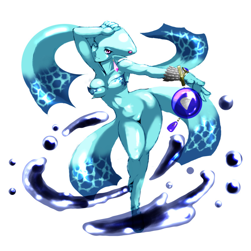 1girl, absurdres, blue_skin, bracelet, earrings, hand_on_own_head, highres, jewelry, kous_(onetwojustice), looking_at_viewer, monster_girl, one_eye_closed, pointy_ears, princess_ruto, sketch, solo, the_legend_of_zelda, the_legend_of_zelda:_ocarina_of_time, water, zelda_musou, zora