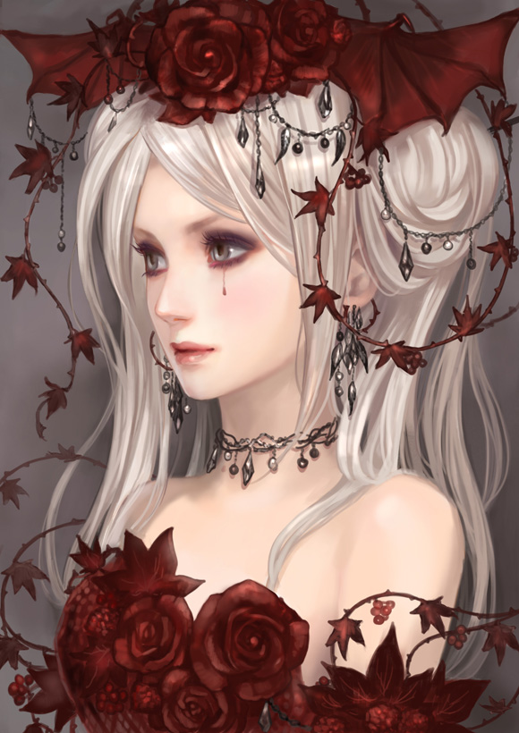 1girl, bat_wings, blood, bloody_tears, earrings, flower, grey_eyes, hair_bun