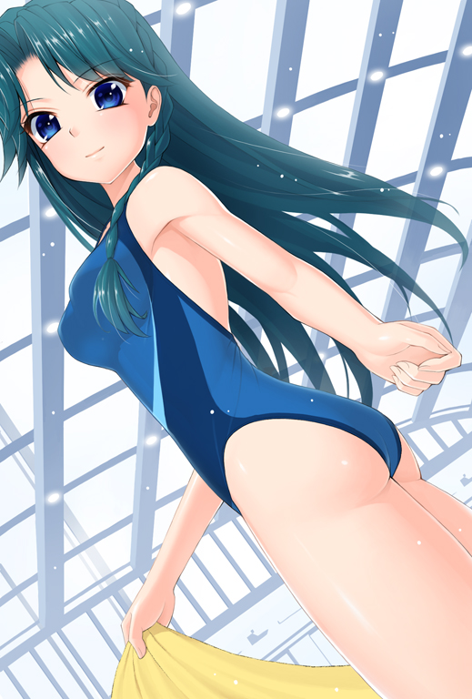 1girl, amane_satsuki, blue_eyes, blue_hair, competition_swimsuit, go!_princess_precure, kaidou_minami, long_hair, one-piece_swimsuit, precure, swimsuit, towel