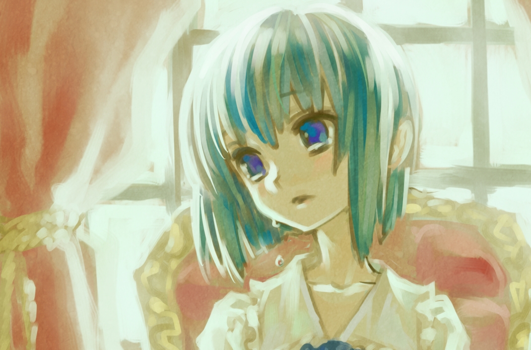bad_id, blue_eyes, bob_cut, face, green_hair, layla_prismriver, short_hair, tears