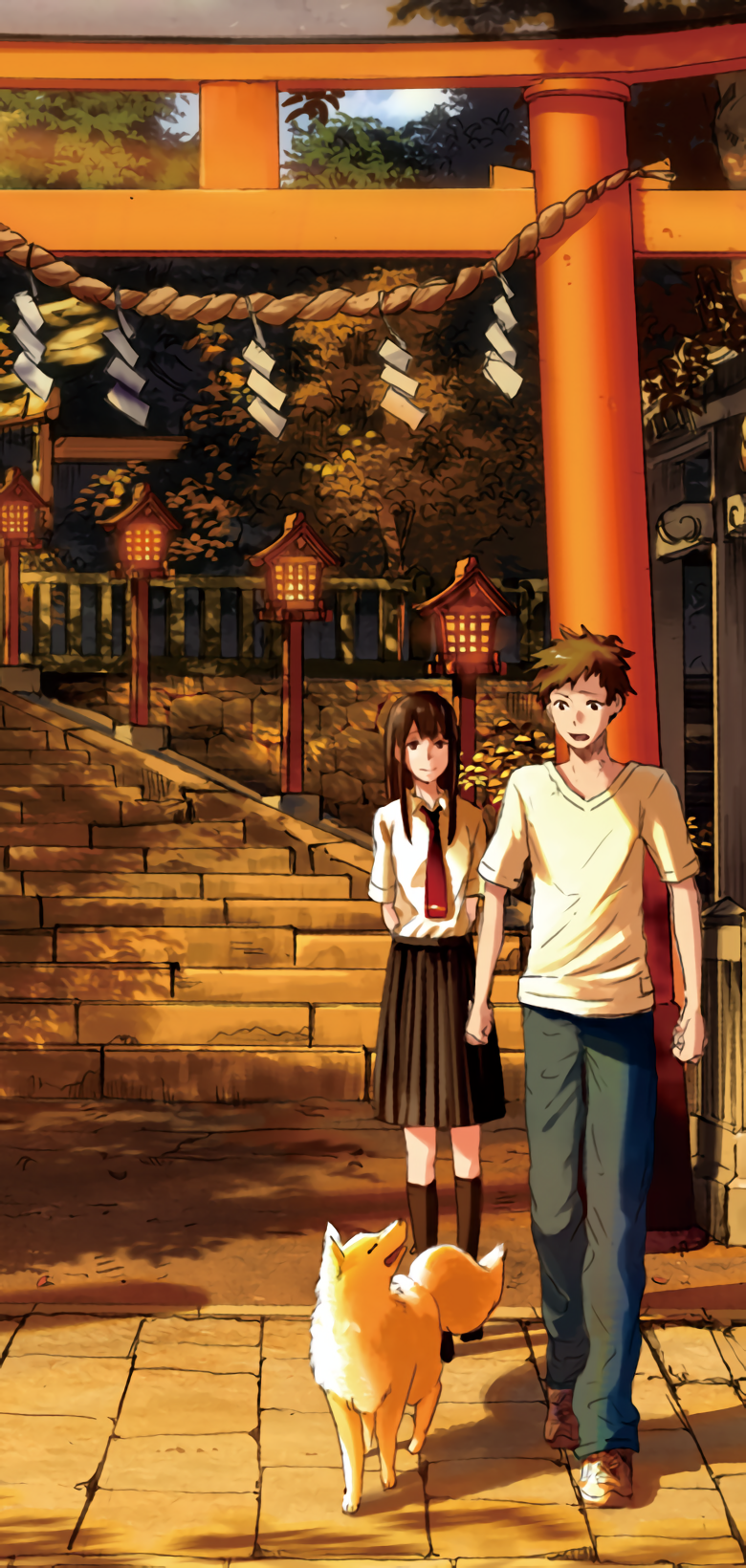 1boy, 1girl, black_hair, brown_hair, fox, hagiwara_yoshihiko, highres, kami-sama_no_goyounin