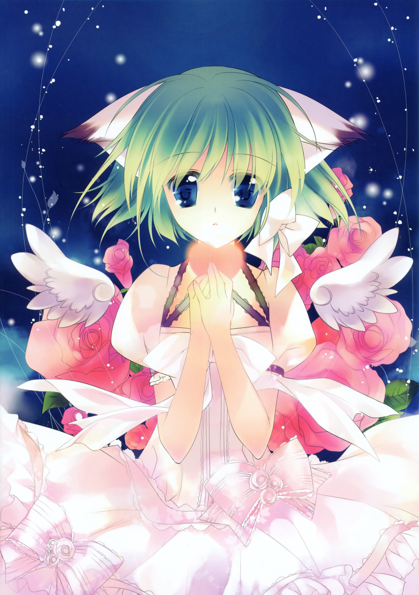 animal_ears, blue_eyes, dress, flower, green_hair, greenwood, highres, midori_(greenwood)