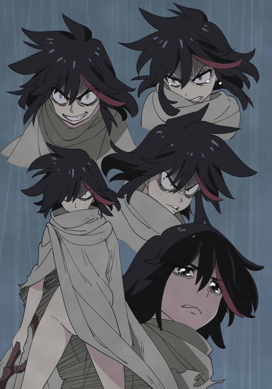 angry, black_hair, cloak, grin, highres, kill_la_kill, matoi_ryuuko, messy_hair
