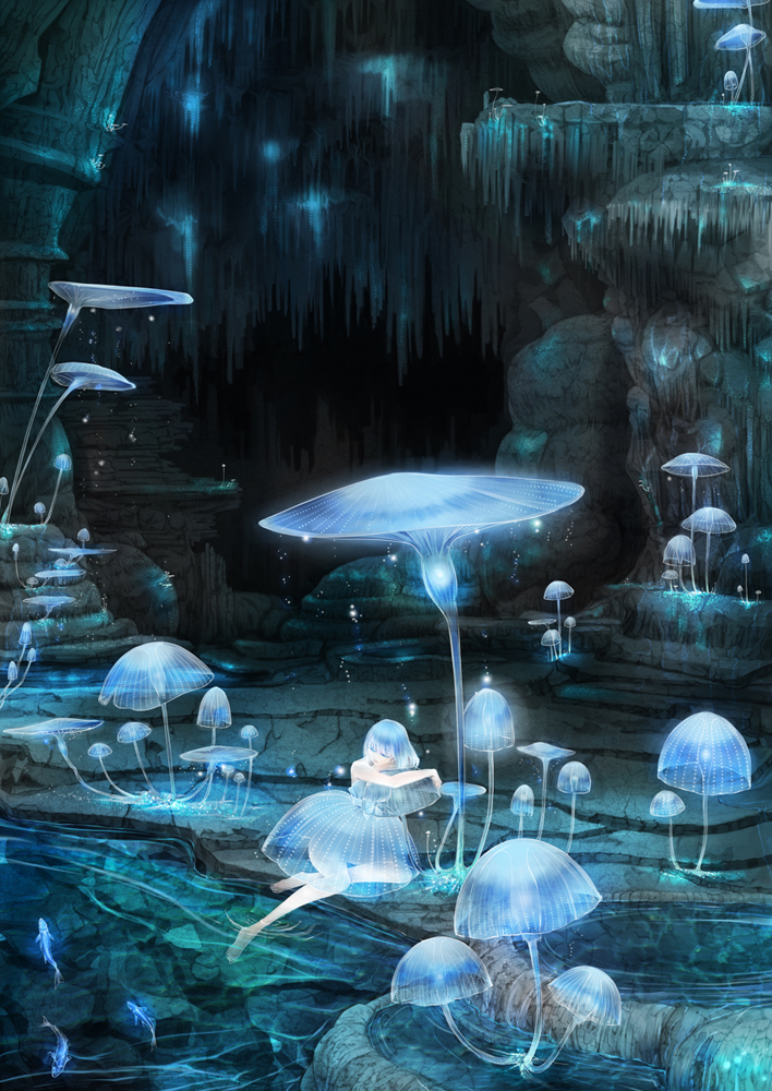 1girl, blue_dress, blue_eyes, blue_hair, cave, dress, feet_in_water, fish