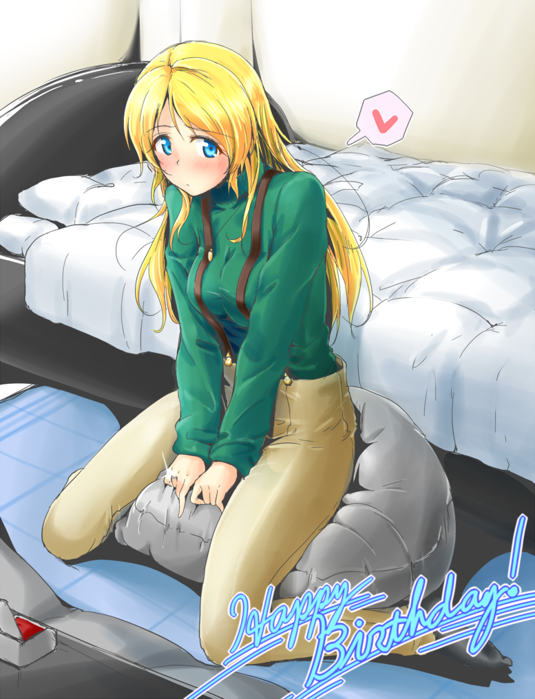 1girl, alternate_hairstyle, ayase_eli, bean_bag_chair, bed, blonde_hair, blue_eyes, happy_birthday