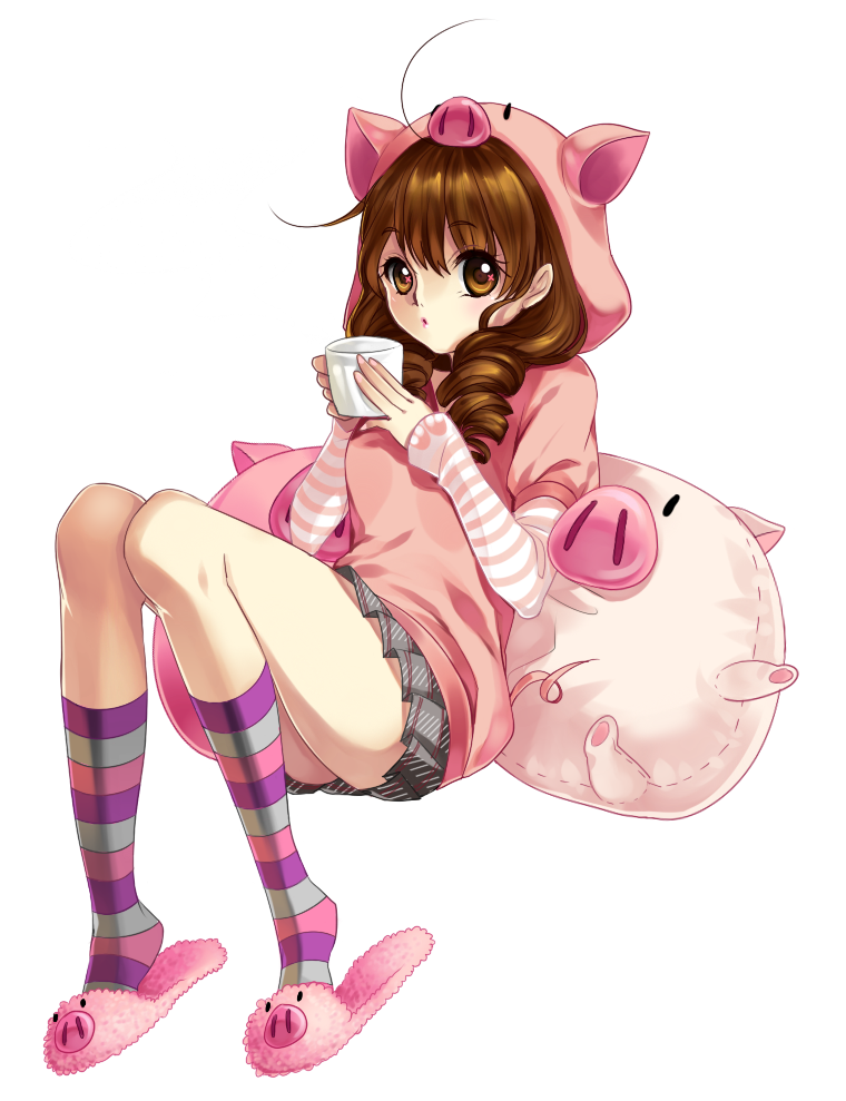 1girl, brown_eyes, brown_hair, cup, dalzzam, hoodie, kneehighs, miniskirt