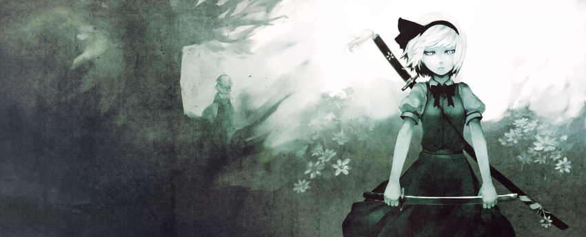 creepy, green, highres, konpaku_youmu, monochrome, saigyouji_yuyuko, seiza, sitting