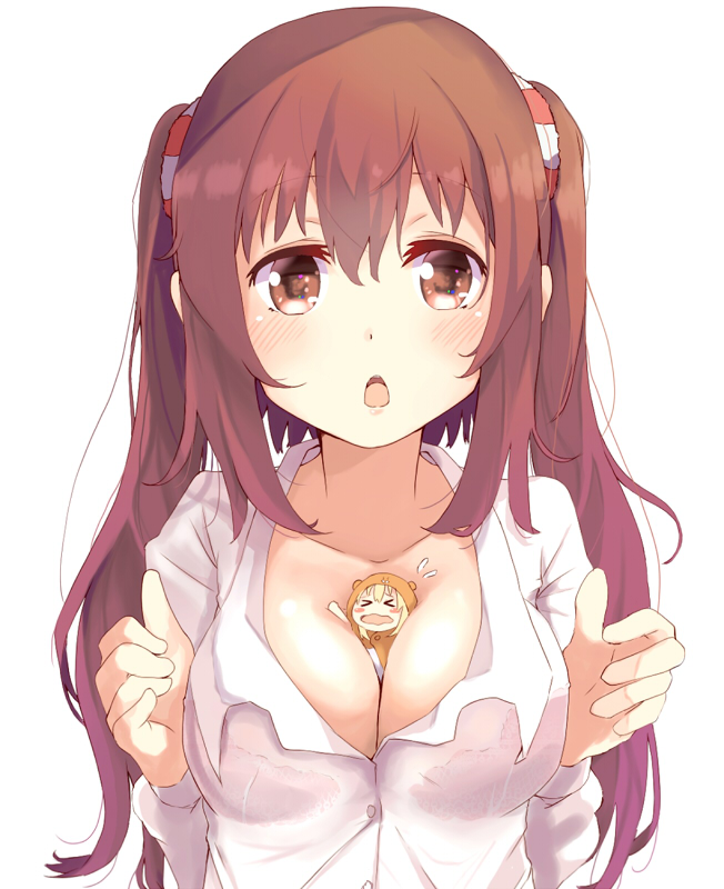 2girls, between_breasts, blush, breasts, brown_eyes, brown_hair, cleavage, doma_umaru