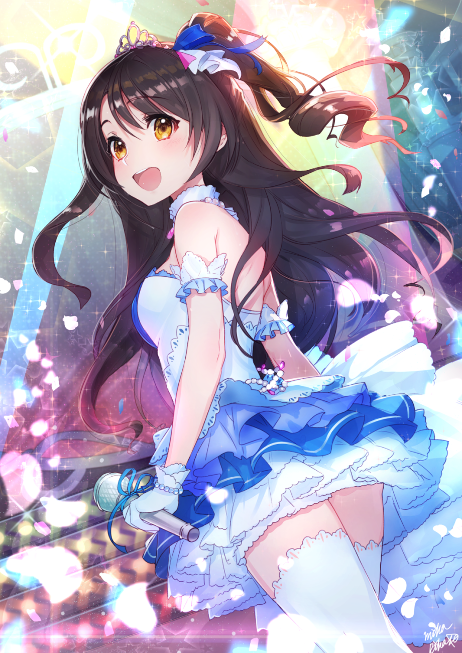 1girl, :d, arm_garter, bead_bracelet, brown_hair, gloves, hair_ribbon, highres