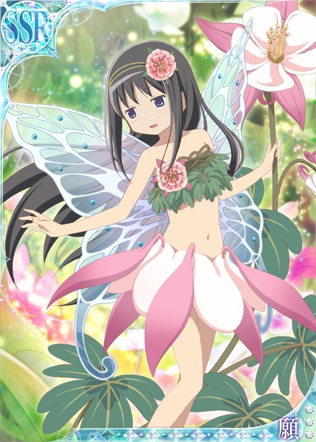 akemi_homura, alternate_costume, black_hair, fairy, fairy_wings, flower, flower_skirt, hair_flower, hair_ornament, hairband, leaf, long_hair, mahou_shoujo_madoka_magica, midriff, navel, official_art, skirt, trading_card, violet_eyes, wings