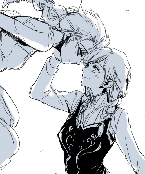 2girls, anna_(frozen), braid, couple, elsa_(frozen), eye_contact, floating, forehead-to-forehead