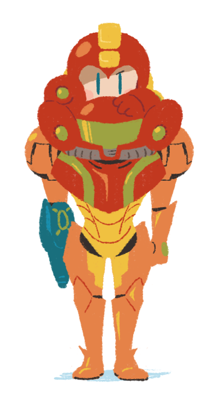 1boy, 1girl, arm_cannon, blue_eyes, hakusotorakugaki, helmet, metroid, power_suit
