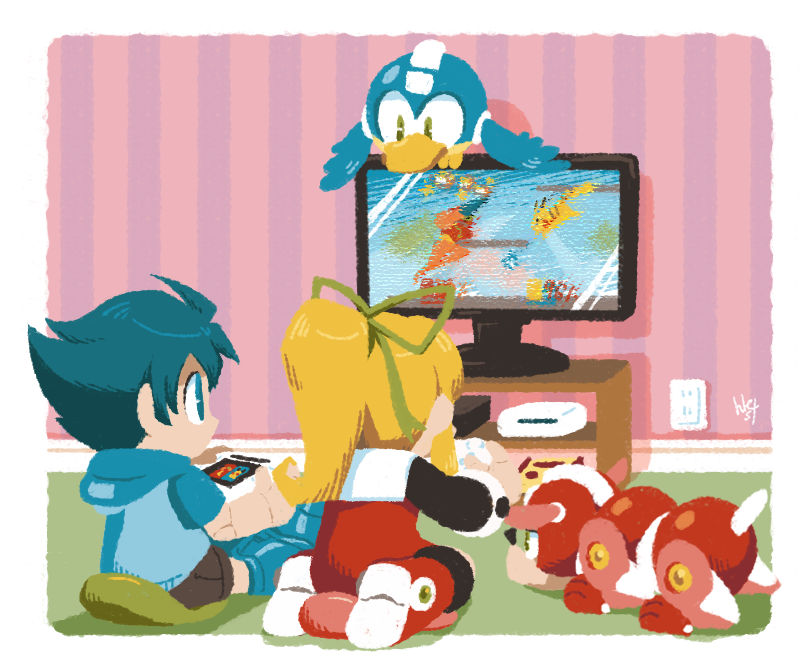 1boy, 1girl, alternate_hair_color, android, beat_(mega_man), beat_(rockman), black_hair, blonde_hair, blue_eyes, boots, cushion, electric_socket, game_console, hair_ribbon, hakusotorakugaki, hoodie, mega_man_(character), mega_man_(classic), mega_man_(series), metroid, pikachu, playing_games, pokemon, ribbon, rockman, rockman_(character), roll, roll_(mega_man), rush_(mega_man), rush_(rockman), samus_aran, short_sleeves, sitting, spiky_hair, super_smash_bros., television, wariza, wii_u