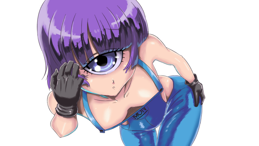 1girl, blue_eyes, breasts, clothes_writing, cowboy_shot, gloves, highres, leaning_forward