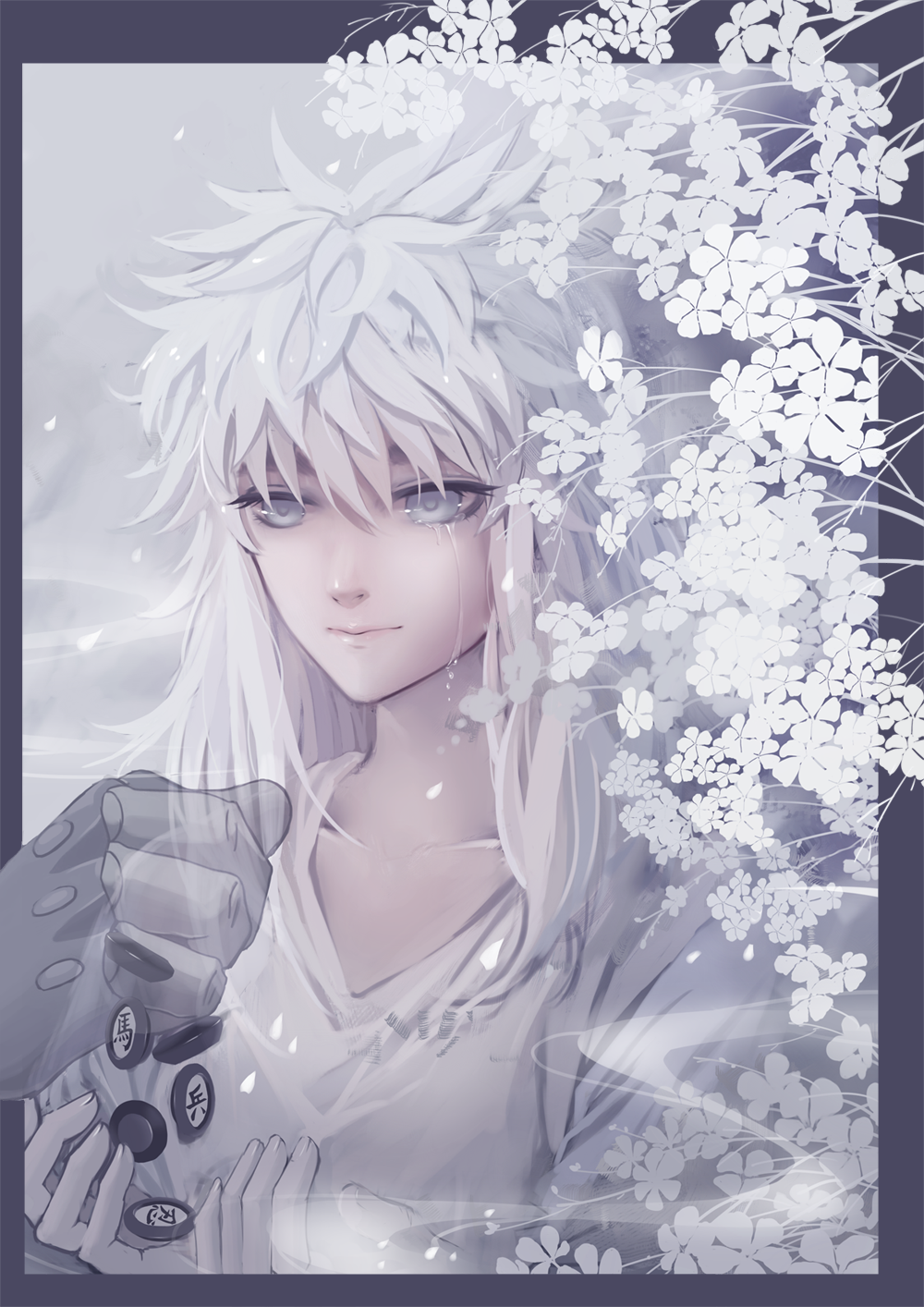 1girl, ana_bi, border, chess_piece, flower, grey_eyes, hands, highres
