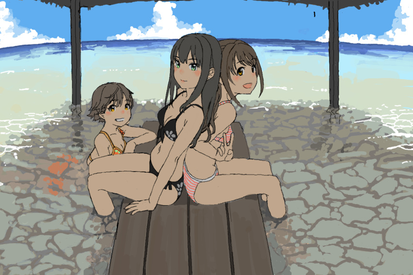 3girls, bench, bikini, black_hair, brown_eyes, brown_hair, green_eyes, honda_mio