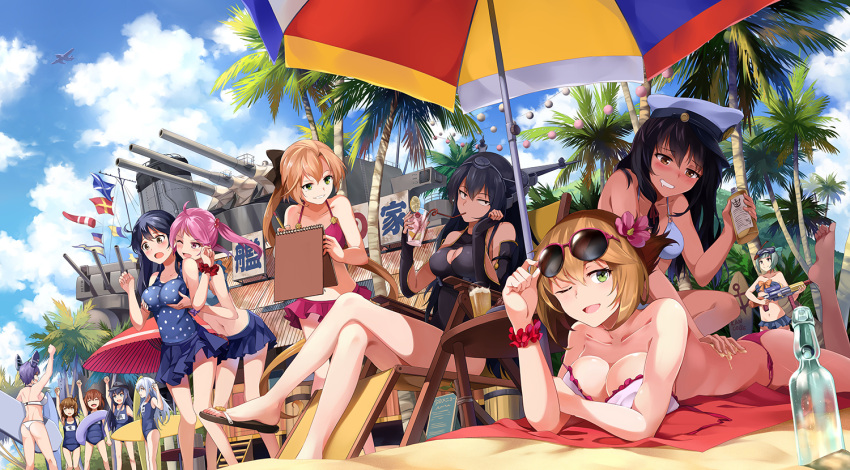 6+girls, akatsuki_(kantai_collection), akigumo_(kantai_collection), beach, bikini, black_hair, bow, breast_grab