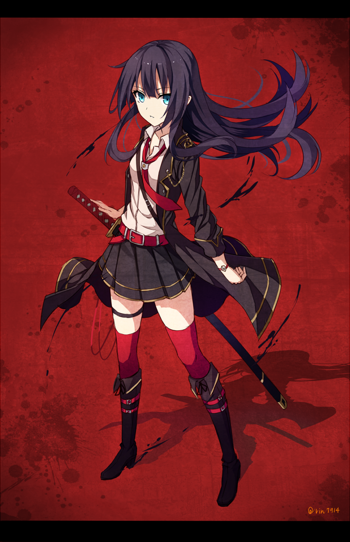 1girl, belt, black_hair, blue_eyes, boots, coat, katana, knee_boots