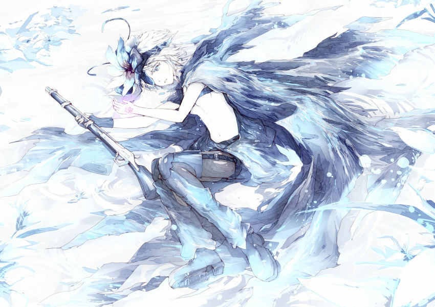 1girl, abcd1234ken, absurdres, blue_eyes, breasts, cape, eyepatch, flower