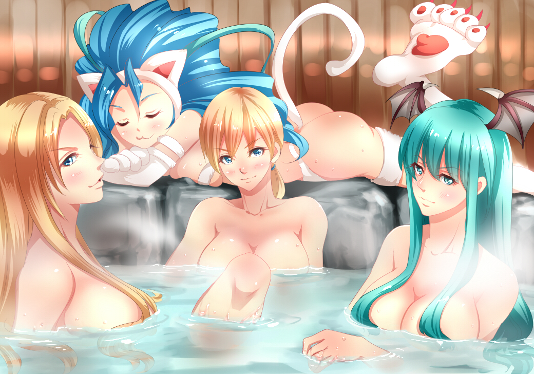 4girls, :3, bathing, blush, breasts, devil_may_cry, felicia, head_wings