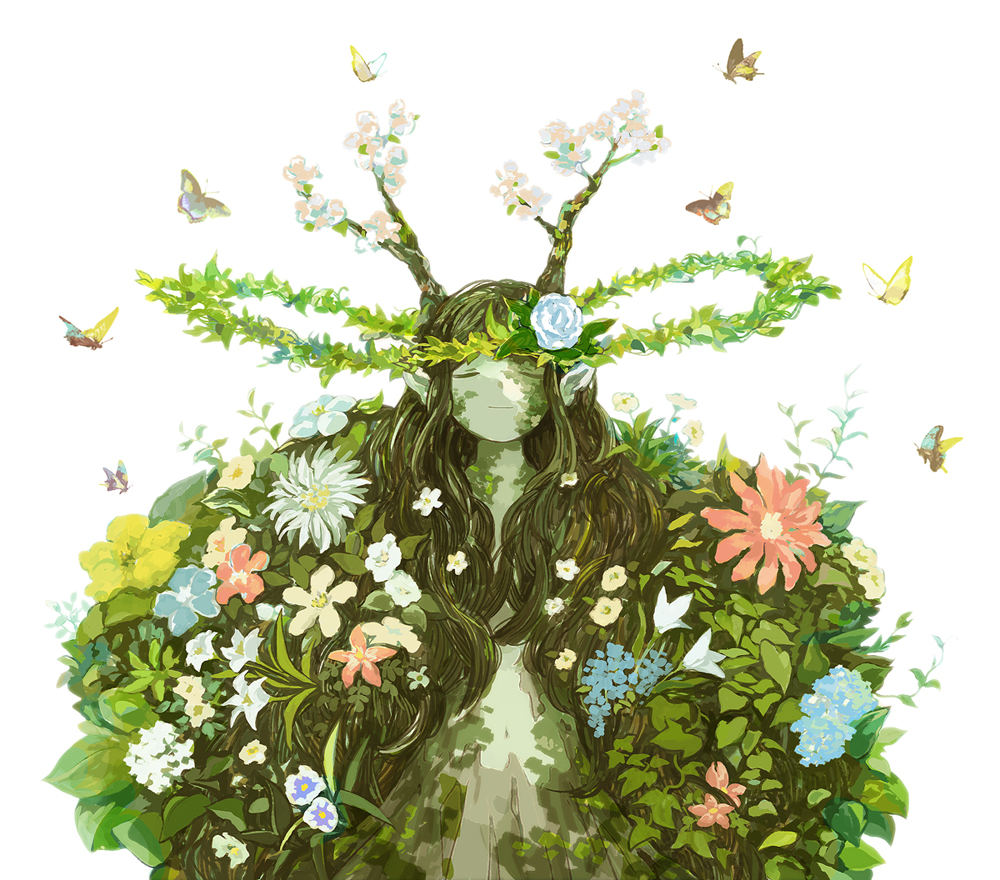 1girl, antlers, butterfly, chrysanthemum, flower, flower_wreath, green_hair, green_skin, lily_(flower), long_hair, monaka_(siromona), original, pointy_ears, simple_background, solo, upper_body, white_background