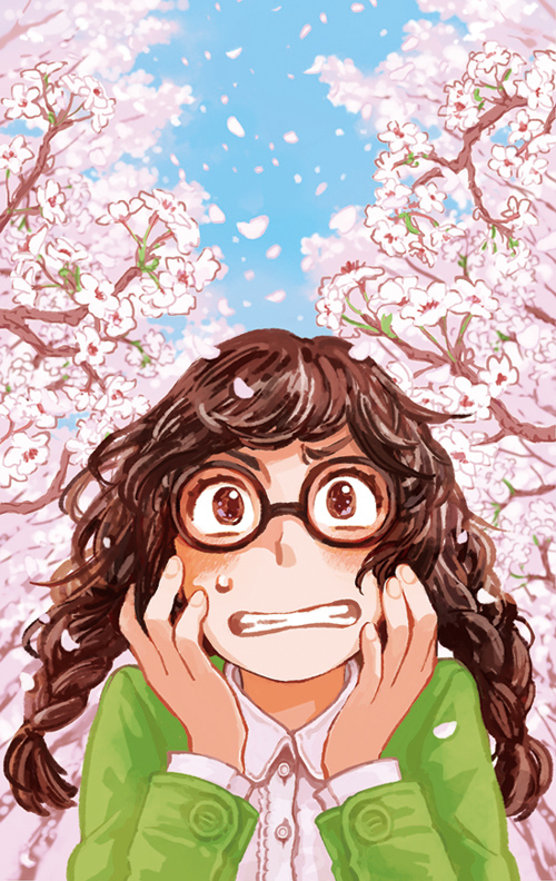 1girl, braid, brown, brown-framed_glasses, brown_hair, cherry_blossoms, clenched_teeth, curly_hair