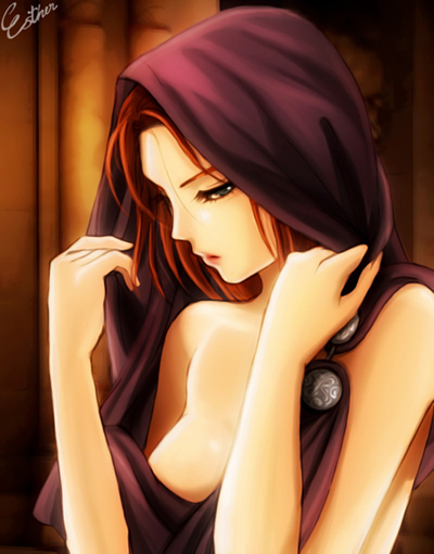 1girl, breasts, dragon_age, dragon_age:_origins, esther, from_side, hooded_cloak, leliana_(dragon_age)