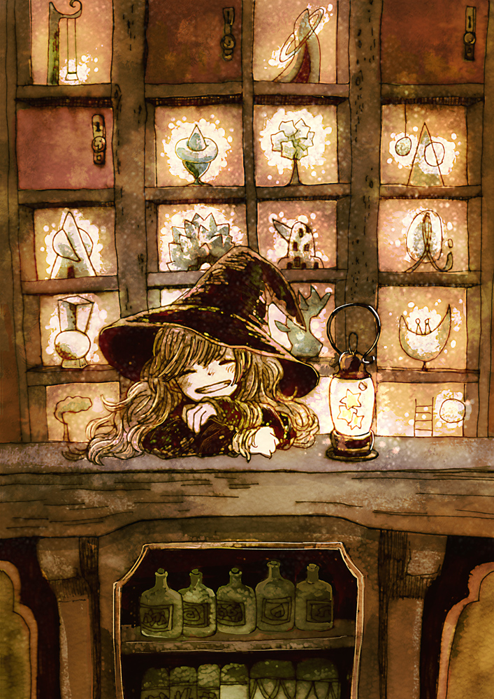 1girl, bottle, brown, brown_hair, closed_eyes, desk, grin, hat, head_rest, lantern, lock, long_hair, monaka_(siromona), original, sketch, smile, star, upper_body, witch_hat