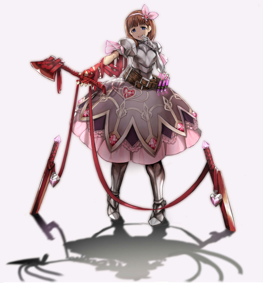 1girl, armor, armored_dress, axe, blue_eyes, brown_hair, empty_eyes, granblue_fantasy