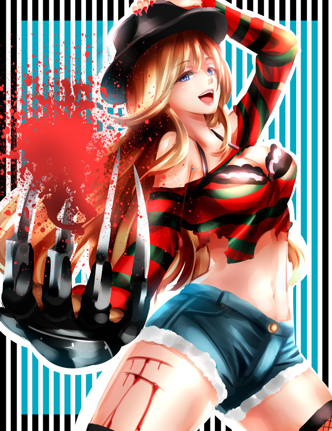 1girl, :d, a_nightmare_on_elm_street, bare_shoulders, black_bra, blonde_hair, blood, blood_splatter