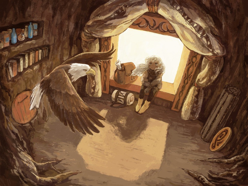 1girl, bag, bird, bookshelf, brown, dark_skin, eagle, long_hair