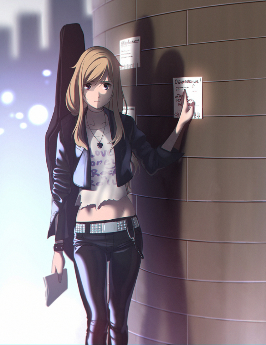 1girl, aconitea, belt, black_pants, blonde_hair, blue_eyes, blurry, bokeh