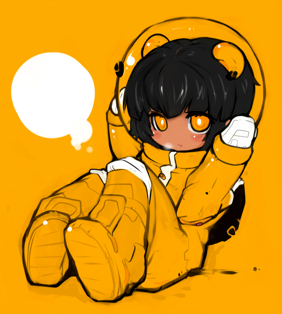 1girl, animal_ears, black_hair, blush, dark_skin, hands_on_headwear, monochrome, nekodason, orange_(color), orange_eyes, original, panda_ears, personification, sitting, sketch, solo, space_helmet, spacesuit, tan