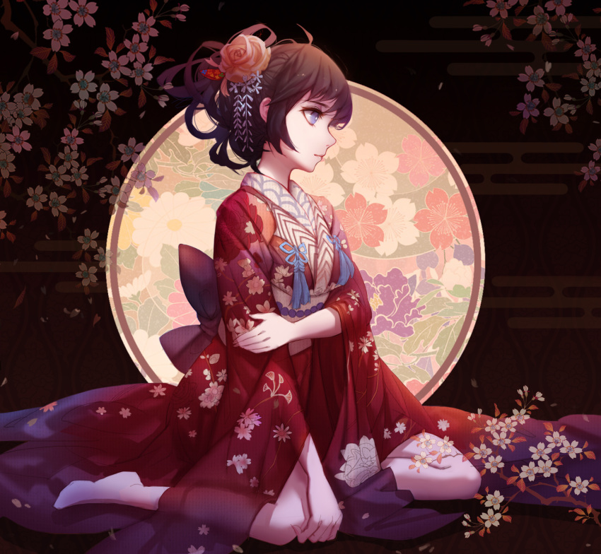 1girl, ahoge, brown_hair, cherry_blossoms, flower, hair_flower, hair_ornament, highres