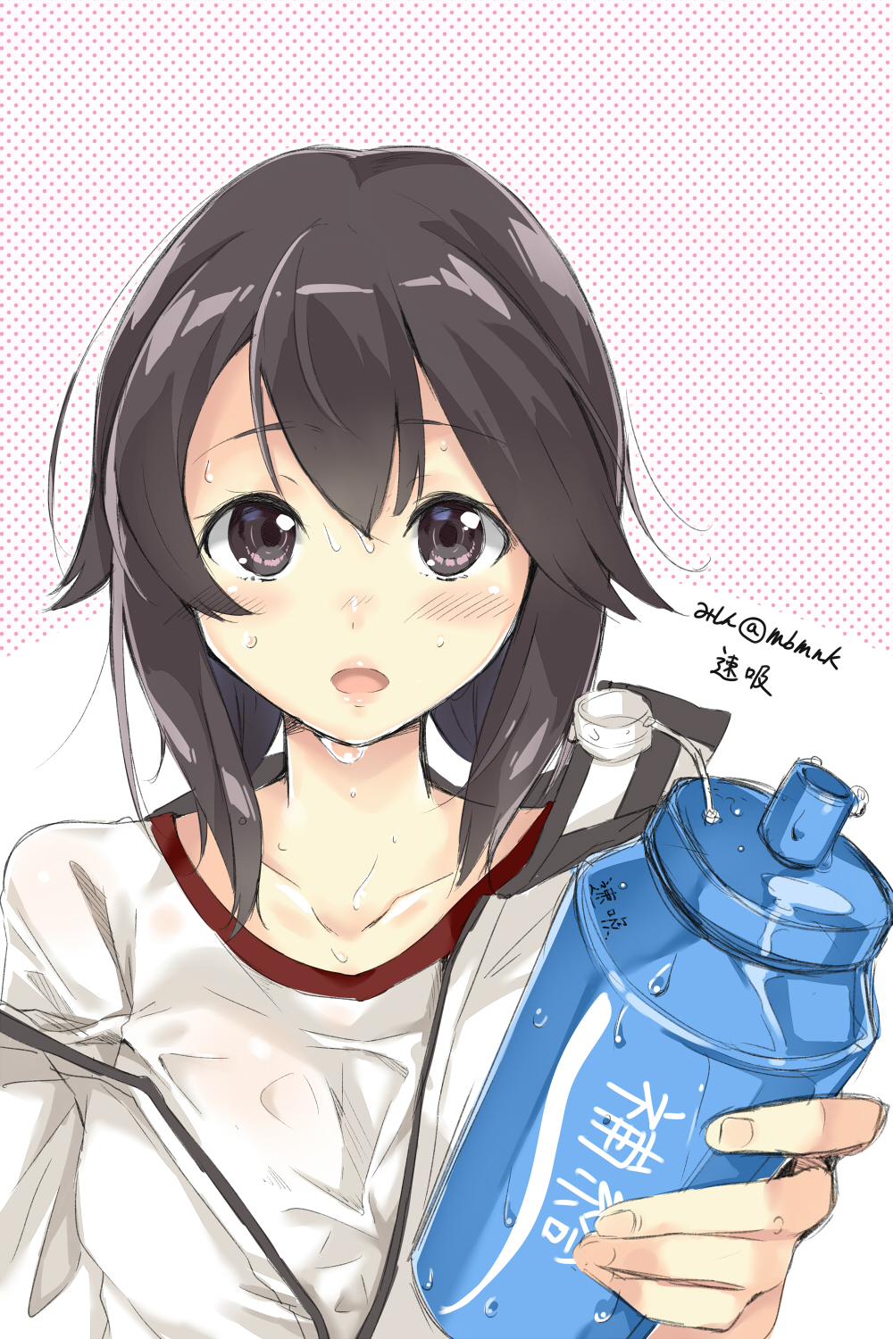 1girl, black_hair, blush, commentary_request, dripping, grey_eyes, gym_shirt, hayasui_(kantai_collection)