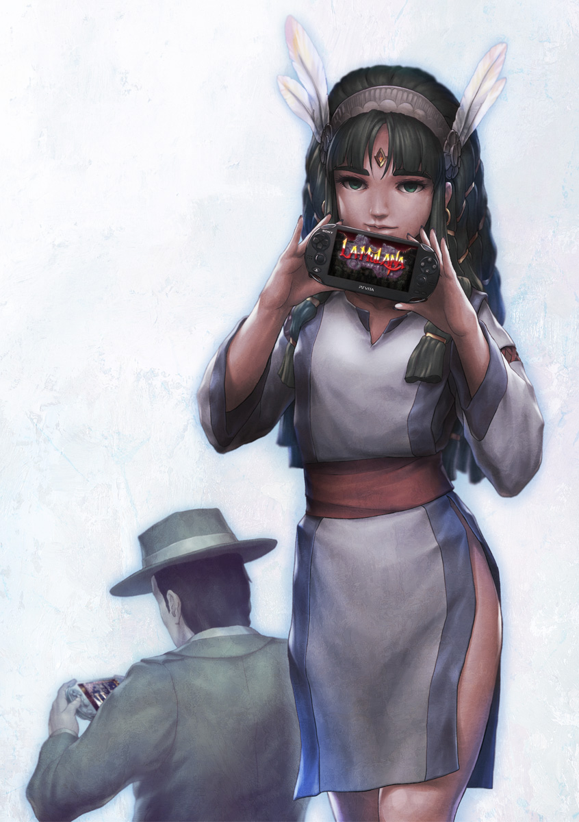 black_hair, blue_eyes, braid, facial_mark, feathers, forehead_mark, from_behind, gem